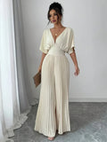 pleated jumpsuit shirt sleeve v-neck
