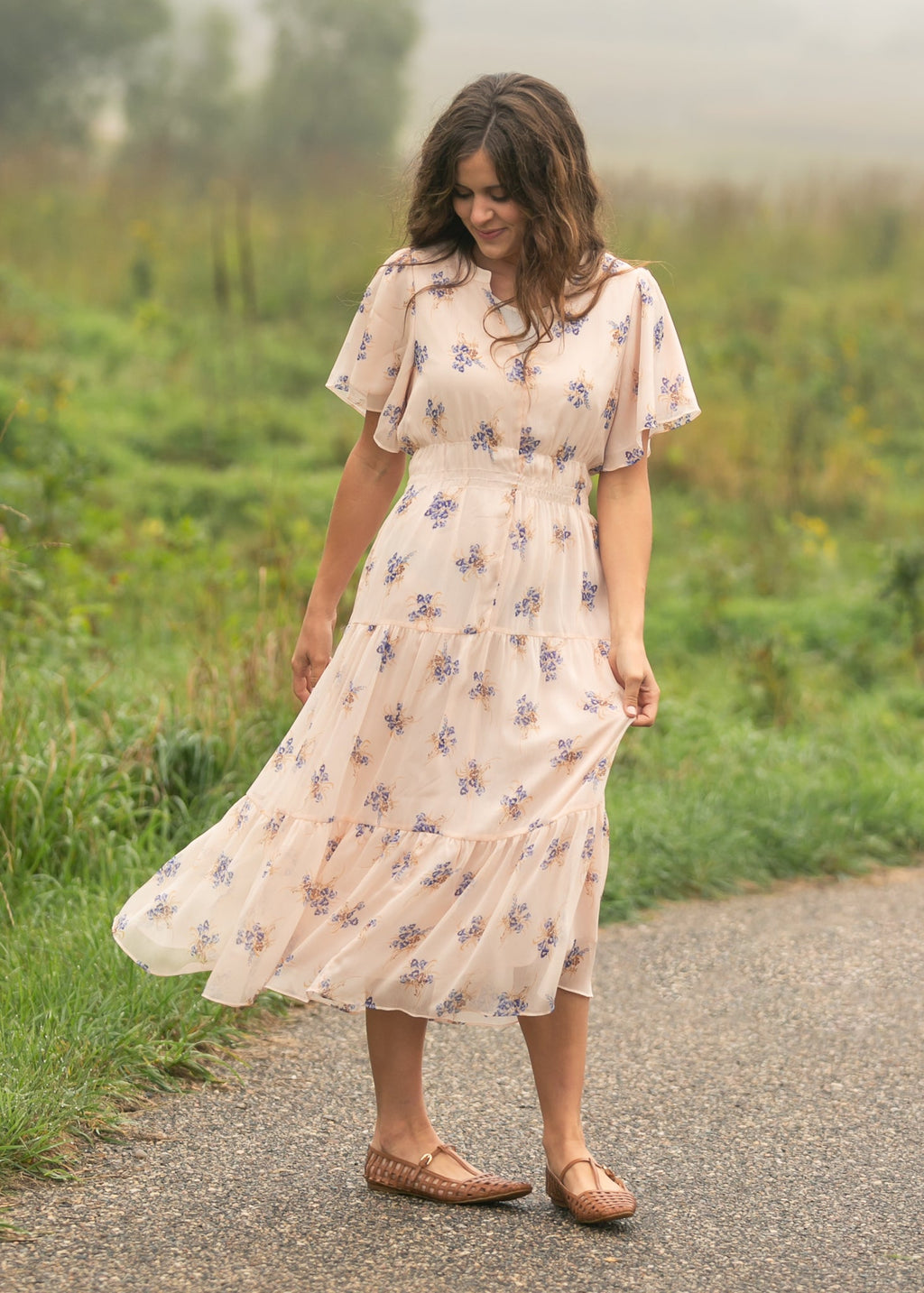 Gina Pink Floral Short Sleeve Tiered Midi Dress