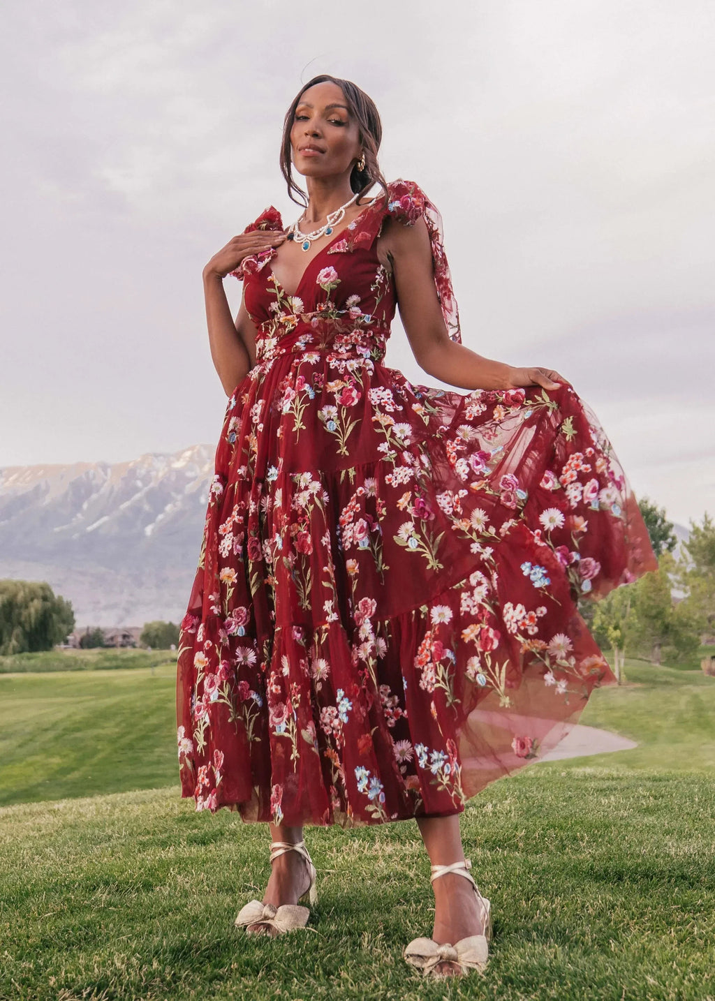Margaret Floral Midi Dress Red